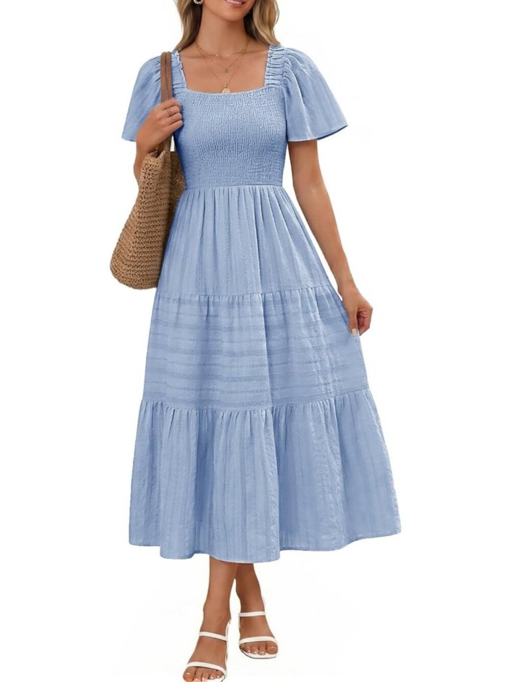 Summer Midi Casual Boho Dress with Pockets - Smocked Style for Effortless Chic